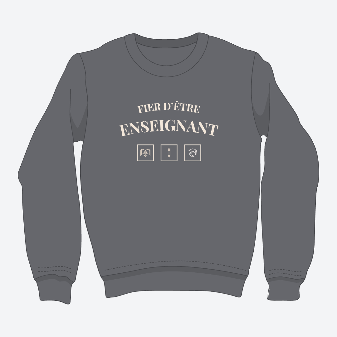 Crewneck gris foncé avec écriture fier d'être enseignant et pictogrammes de livre, crayon et gradué