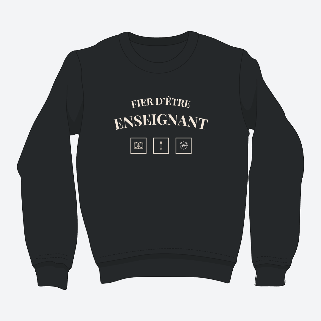Crewneck noir avec écriture fier d'être enseignant et pictogrammes de livre, crayon et gradué