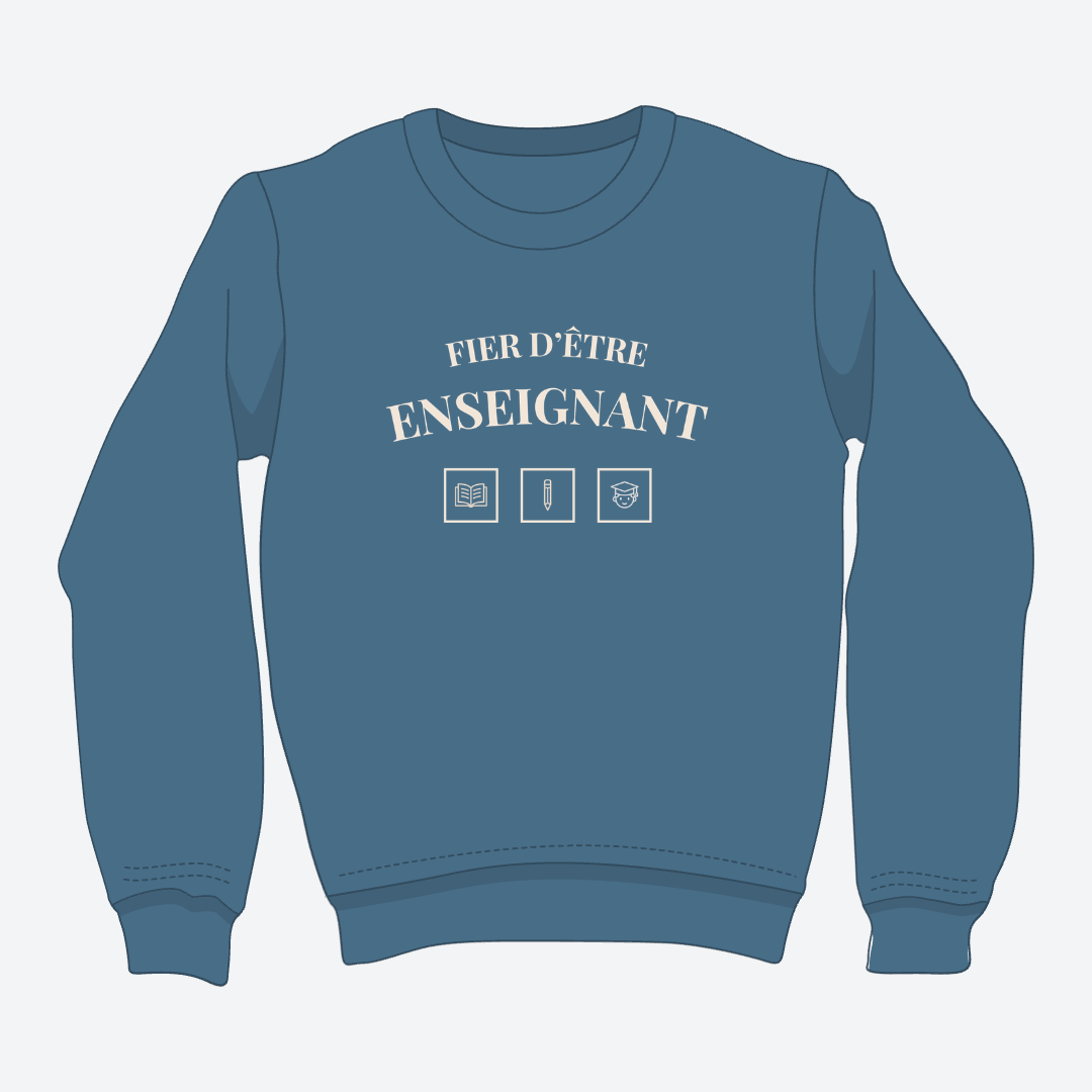 Crewneck turquoise avec écriture fier d'être enseignant et pictogrammes de livre, crayon et gradué